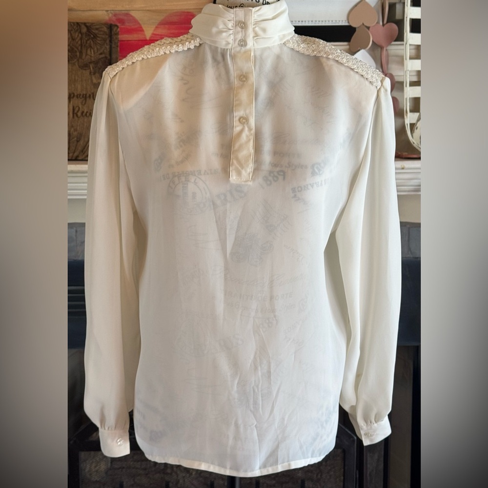 Vintage Blouse Semi-Sheer Cream Scarf Sequins Shawl Collar Secretary Button Down